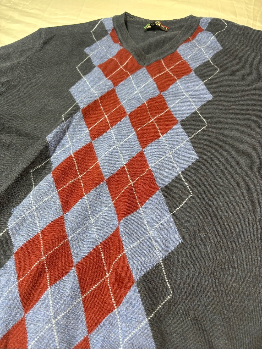 Vintage Simons Italy Merino Wool Argyle V-Neck Sweater Navy Blue Men's Large XL